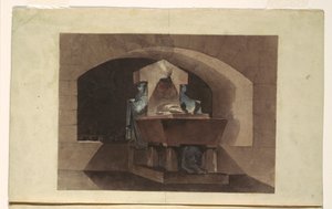 Rysunek Grobowiec w stylu egipskim z kariatydami i lwem, ok. 1779-84 autorstwa Louis Jean Desprez