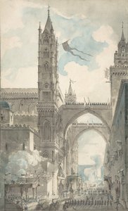 Widok portalu i głównego wejścia do katedry w Palermo podczas festiwalu..., b.d. autorstwa Louis Jean Desprez