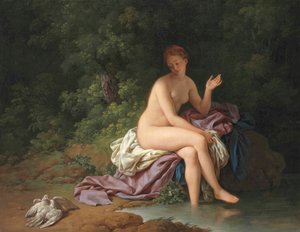 Kobieta kąpiąca się nad rzeką z dwiema turkawkami autorstwa Louis Jean François Lagrenée