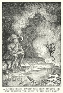 Widziano małego czarnego karła przedzierającego się przez środek niebieskiego światła (lito) autorstwa Louis John Rhead