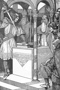 Artur wyciągnął miecz Excalibur z kowadła Ilustracja Louisa Rheada (1858-1926) z „Króla Artura i jego rycerzy” 1923 Zbiory prywatne