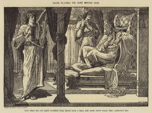 Dawid grający na harfie przed Saulem autorstwa Louis John Rhead