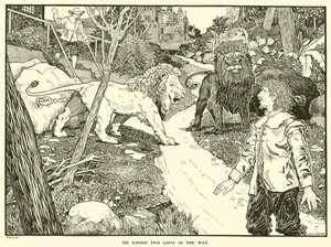 Wypatrzył dwa lwy na drodze (rycina) autorstwa Louis John Rhead