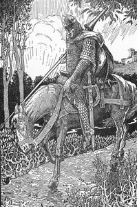 Mordred (Modred) rany po bitwie pod Camlann przeciwko swojemu ojcu, królowi Arturowi (Mordred ranny po bitwie pod Camlann) Ilustracja Louisa Rheada (1858-1926) z „Króla Artura i jego rycerzy” 1923 Zbiory prywatne