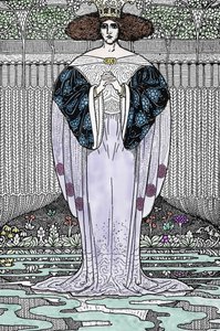 Przedstawienie Pani Jeziora (Nimue, Viviane) Ilustracja autorstwa Louisa Rheada (1858-1926) do „Króla Artura i jego rycerzy”” autorstwa Louis John Rhead
