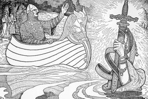 Przedstawienie Pani Jeziora (fee viviane), postać z legend arturiańskich, dająca królowi Arturowi szpadę Excalibur (legenda arturiańska: Pani Jeziora (Nimue, Viviane) dająca królowi Arturowi jego miecz Excalibur) Ilustracja autorstwa Louisa Rheada (1858 -1