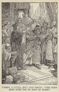 Poczekaj trochę, żydo, powiedziała Portia, ta więź tutaj nie daje ci ani kropli krwi autorstwa Louis John Rhead