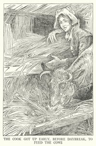 Kucharz wstawał wcześnie, przed świtem, aby nakarmić krowy (litho) autorstwa Louis John Rhead