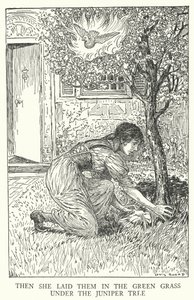 Położyła je w zielonej trawie pod jałowcem (lito) autorstwa Louis John Rhead