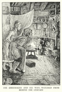 Szewc i jego żona przyglądali się zza zasłony (lito) autorstwa Louis John Rhead