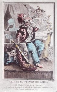 Orvietan Seller, z „Cris et Costumes de Paris”, grawerowane przez Guyota (kolorowa grawerunek) autorstwa Louis Joseph Watteau