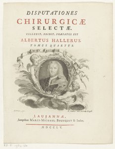 Portret van Albrechta von Hallera Albert Haller (tytuł na obiekcie) Tytuł strony voor: Albrecht von Haller, Wybrane dyskursy chirurgiczne, 1755 autorstwa Louis Joubert