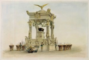 Trumna Napoleona I Bonaparte (1769-1821) w kościele Invalides (Paryż, Francja). (Trumna Napoleona w kościele w Les Invalides). Praca Louisa Julesa Arnouta (1814-1868), litografia i akwarela. XIX-wieczna sztuka francuska, klasycyzm.