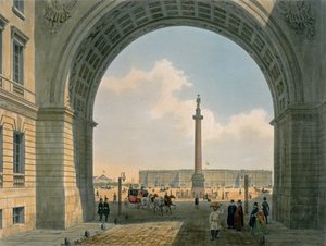 Plac Pałacowy, Widok z łuku Komendy Głównej Armii, Sankt Petersburg, druk Lemercier, Paryż, lata czterdzieste XIX wieku (kolor lito)