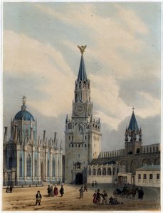 „Widok na Wieżę Najświętszego Zbawiciela (lub Wieżę Spasskaja) i na Plac Czerwony, kreml, Moskwa” (Wieża Spaska (Brama Zbawiciela) i cerkiew św. Katarzyny Klasztor Wniebowstąpienia na Kremlu) Litografia Ludwika Jules Arnout (1814-1868) - 1 autorstwa Louis Jules Arnout