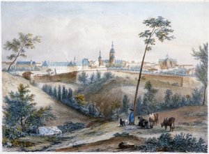 Bouvier na bretońskiej wsi (Dinan w oddali) - litografia Jacotteta i Benoista autorstwa Louis Julien Jacottet