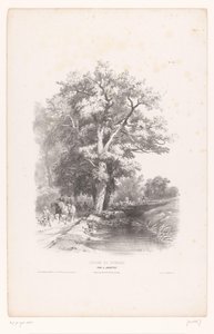 Myśliwi z psami wzdłuż rowu w lesie Kurs rysunku krajobrazowego (tytuł serii) Cours de Paysage (tytuł serii na obiekcie) autorstwa Louis Julien Jacottet