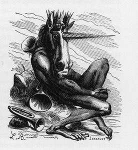 Demon AMDUSCIAS w Ars Goetia - Amdusias - demon wywodzący się z wierzeń goetie (sztuka i praktyka wywoływania demonów) - w "Słowniku piekielnym" Collina de Plancy - Grawerowanie L. Bretona. Paryż
