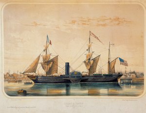 Parowiec „” Franklin””” w basenie Florydy w Le Havre. Rysunek Louisa Lebretona (? - 1866)
