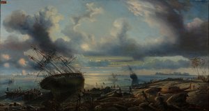 Uwięzienie korwety w kanale Mauvais, Cieśnina Torresa 1843 (olej na płótnie) autorstwa Louis Lebreton