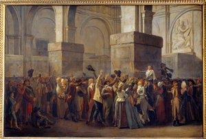 Rewolucja Francuska; „”Triumf Marata”” Poseł Jean Paul Marat (1743-1793) został zatriumfowany przez lud po jego uniewinnieniu przez Trybunał Rewolucyjny w 1793 roku. Malowanie na papierze marouflowym Louis Leopold Boilly (1761-1845) XVIII-wieczne Słońce. 0 autorstwa Louis Leopold Boilly