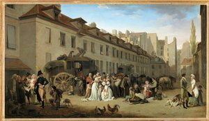 Przyjazd autokaru na dziedziniec Messageries, rue Notre-Dame-des-Victoires, w Paryżu ... autorstwa Louis Leopold Boilly