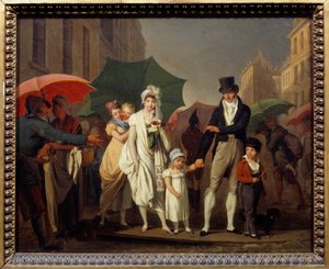 Burżuazyjne prysznice w stylu paryskiego Premier Empire, chroniąc się przed deszczem. Obraz Louisa Leopolda Boilly
