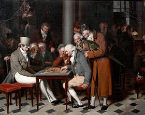 Wewnątrz kawiarni widnieje napis „impreza dla pań w Cafe Lamblin” w Palais Royal w Paryżu. Szczegół. Obraz Louis Leopold Boilly (1761-1845), ok. 1820. Słońce 0,38x0,55 m Chantilly, musee Conde autorstwa Louis Leopold Boilly