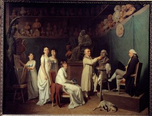 Warsztat rzeźbiarza Jeana Baptiste Houdona (1741-1828). Modelem rzeźbiarza był matematyk Pierre-Simon Laplace (1749-1827) markiz de Laplace w obecności żony i córek. Obraz Louisa Leopolda Boilly
