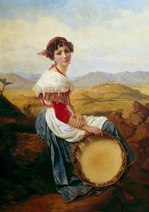 Portret chłopa ze wsi Rzymu Młody włoski muzyk trzymający tamburyn. Obraz Louisa Leopolda Roberta (1794-1835) 1824 Wym. 0,46x0,37m.