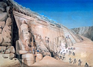 „Wykopaliska Wielkiej Świątyni Ramzesa II, Abu Simbel”, 1819 autorstwa Louis M. A. Linant de Bellefonds,