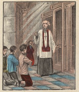 Przygotowanie do komunii - Katechizm - (Pierwsza komunia) Przygotowanie do komunii - - Grawer z „Nauczanie religii oczami. Cudowny album” Louisa Maitrejeana i Georgeta Ramonda - Francja 1910