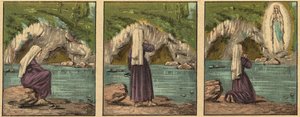 Objawienie Dziewicy Maryi w Lourdes - Matka Boża ukazuje się Bernadetcie Soubirous (1844-1879) w Lourdes w 1858 r. - - Grawerowanie z „” Nauka religii oczami. Cudowny album” Louisa Maitrejeana i Georgeta Ramonda - Francja 1910
