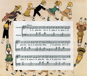 Partytura i ilustracja dziecięcej piosenki „In Single File” autorstwa Louis Maurice Boutet de Monvel