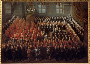 Łoże sprawiedliwości przetrzymywane przez Ludwika XV (1710-1774) w Wielkiej Izbie Parlamentu Paryskiego w celu złamania woli Ludwika XIV (1638-1715) autorstwa Louis Michel Dumesnil