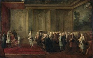 Przyjęcie Cornelisa Hopa (1685-1762) jako legata Stanów Generalnych na dworze Ludwika XV, 24 lipca 1719 autorstwa Louis Michel Dumesnil