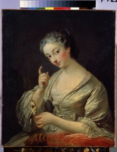 Kobieta z ptakiem (Dama z ptakiem). Obraz Louis Michel Van Loo (1707-1771). Olej na płótnie, 64 x 53,5 cm, XVIII wiek. Sztuka francuska w stylu rokoko. Muzeum Ermitażu w Sankt Petersburgu.