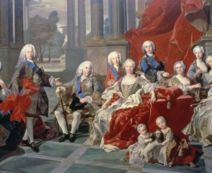 131 0794093/1 Rodzina Filipa V z Hiszpanii (1683-1746) szczegół przedstawiający króla, jego drugą żonę Elżbietę Farnese i przyszłego Ferdynanda VI autorstwa Louis Michel van Loo