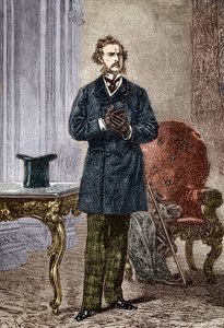 Retrato de Phileas Fogg, personagem de Le tour du monde en oitenta dias”” romance de aventuras de Júlio Verne ilustrado por Louis Paul Pierre Dumont (1822-1882) em 1872 (Phileas Fogg do frontispício de “A Volta ao Mundo em Oitenta Dias” ” de Júlio Verne (1 autorstwa Louis Paul Pierre Dumont