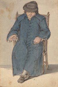 Mężczyzna śpi w długim niebieskim płaszczu autorstwa Louis Philippe Boitard