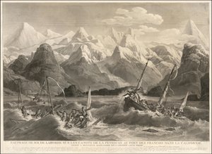 Rycina z 1786 r. przedstawiająca wrak dwóch małych łodzi, które były częścią ekspedycji La Perouse. autorstwa Louis Philippe Crepin