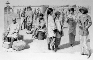 Chińscy i europejscy podróżnicy z Transsyberyjskiego podczas postoju. 1913. Zdj. de Sabatier