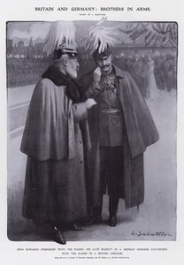 Król Edward VII przebrany za pułkownika pruskich dragonów i cesarz Wilhelm II przebrany za brytyjskiego feldmarszałka (lito) autorstwa Louis Remy Sabattier