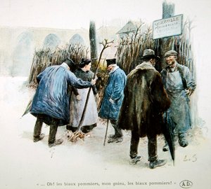 Szkółkarze i szkółkarki zachwalający wspaniałe jabłonie Normandii autorstwa Louis Remy Sabattier