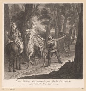 Don Kichot każe Sancho poprosić księżną o pozwolenie na spotkanie z nią Don Quichotte fait demander par Sancho ala Duchesse ca permission de la voir (tytuł na obiekcie) Historia Don Kichota z La Manchy (tytuł serii)