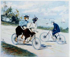 Niedzielny spacer. Jazda na rowerze: mężczyzna na rowerze patrzy na dwie kobiety na tandemie. Rysunek Louisa Valleta (1856 -?)
