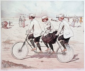 Tandem, trzy osoby na rowerze po plaży - rysunek L. Vallet