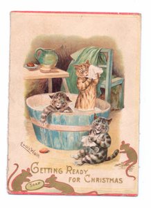 Wiktoriańska kartka bożonarodzeniowa przedstawiająca dwa koty w wannie, podczas gdy dwie myszy bawią się kostką mydła, ok. 1880 r. autorstwa Louis Wain