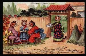 Zwierzęta w ludzkiej postawie. Kot w kimonie pije herbatę w ogrodzie japońskim. Pocztówka. Chromolithograph Louisa Waina (1860-1939), angielskiego artysty znanego z przedstawiania kotów o dużych oczach. Początek XX wieku. Kolekcja pr autorstwa Louis Wain
