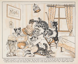 Koty bawiące się pudełkami w pokoju. autorstwa Louis Wain